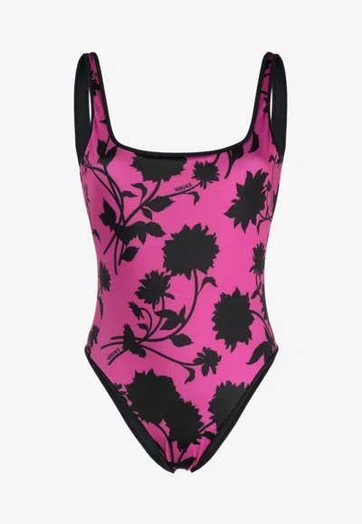 Versace Floral Print Reversible One-piece Swimsuit In Multicolor