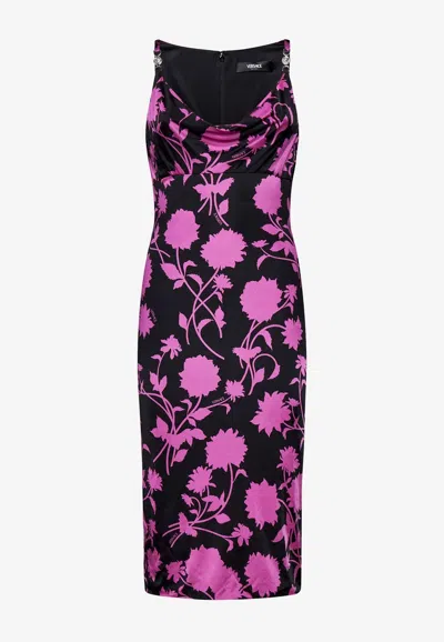 Versace Floral Print Sleeveless Midi Dress In Multicolor