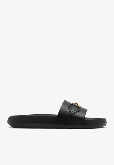 Versace La Medusa Embellished Leather Slides In Black