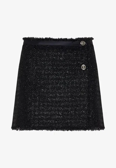 Versace Black Mini Lurex Skirt With Silver-tone Hardware In Black