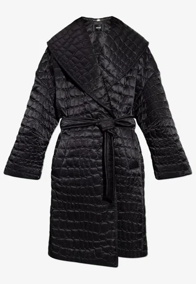 Versace Belted Quilted Crocodile-effect Coat In Black