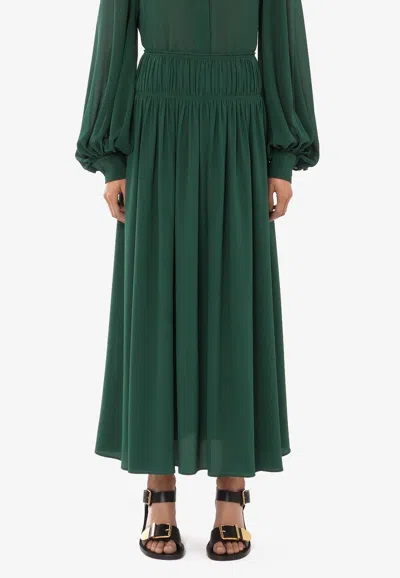Chloé Flared Maxi Skirt In Silk In Green
