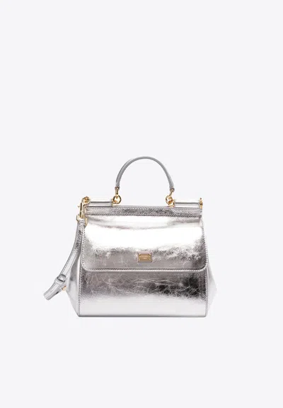 Dolce & Gabbana Medium Sicily Crossbody Bag In Metallic Leather In Silver