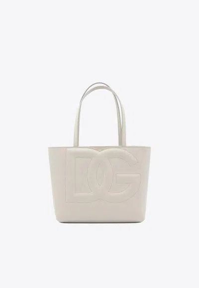 Dolce & Gabbana Small Dg Logo Tote Bag In Calf Leather In Ivory