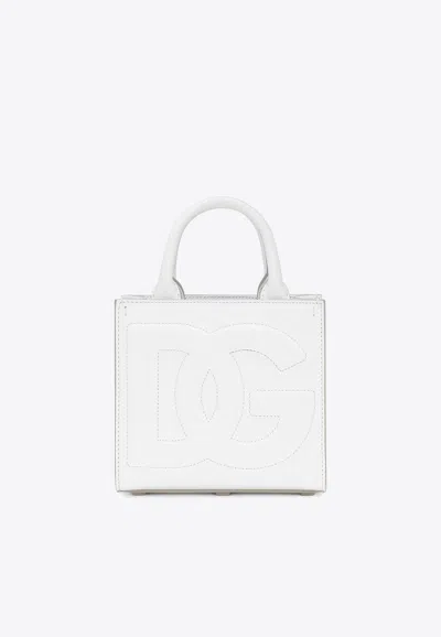 Dolce & Gabbana Mini Dg Logo Daily Calf Leather Tote Bag In White