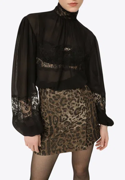 Dolce & Gabbana Georgette Silk Top With Lace Details In Black