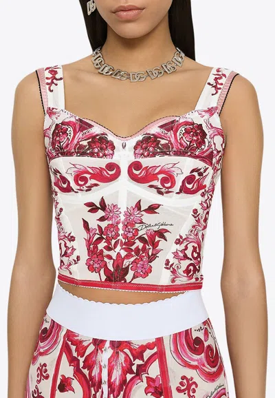 Dolce & Gabbana Majolica-print Crop Marquisette Bustier Top In Multicolor