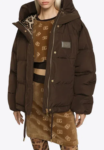 Dolce & Gabbana Padded Nylon Jacket With Logo Tag In Brown