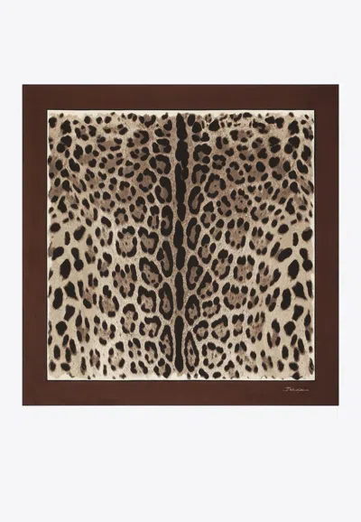 Dolce & Gabbana Leopard Print Silk Twill Scarf In Brown