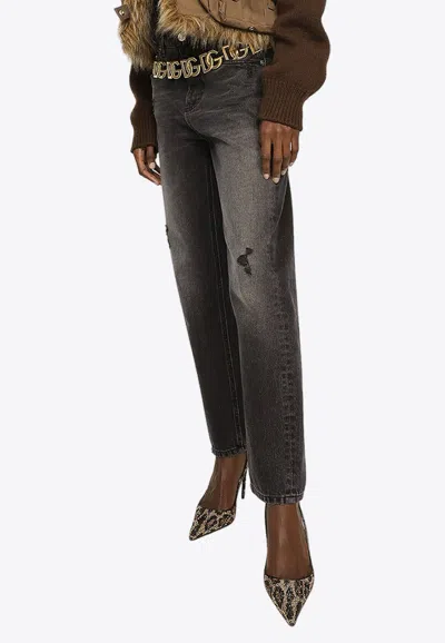 Dolce & Gabbana Logo Plate Boyfriend Jeans In Blue