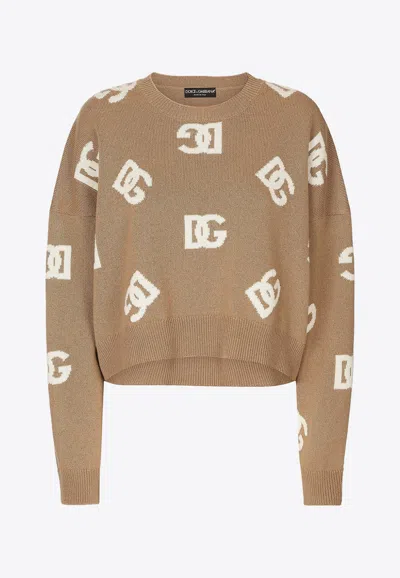 Dolce & Gabbana Dg Monogram Virgin Wool Jumper In Beige