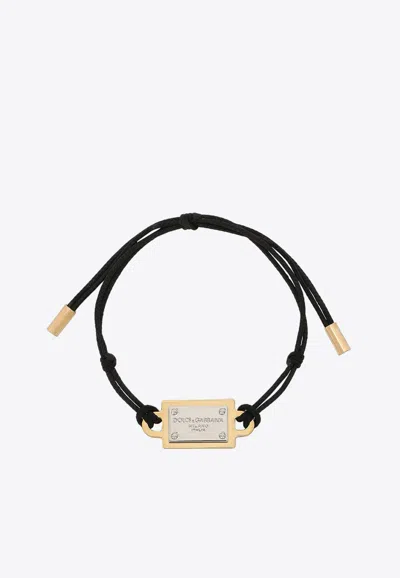 Dolce & Gabbana Logo Plate Cord Bracelet In Black