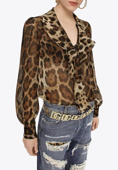 Dolce & Gabbana Leopard-print Silk Pussy-bow Blouse In Brown