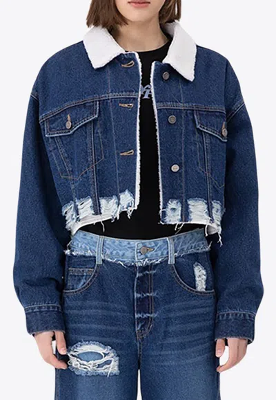 Sjyp Shearling Cropped Denim Jacket In Denim