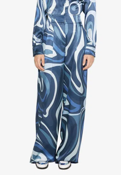 Shop Pucci Marmo Print Wide-leg Silk Pants In Blue