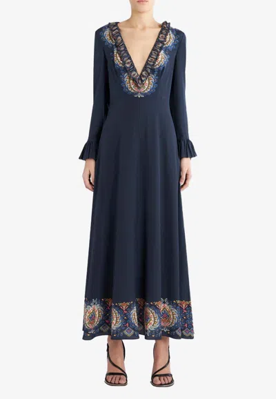 Etro Plunging Engineer Border-print Ruffle Cady Midi Dress In Navy