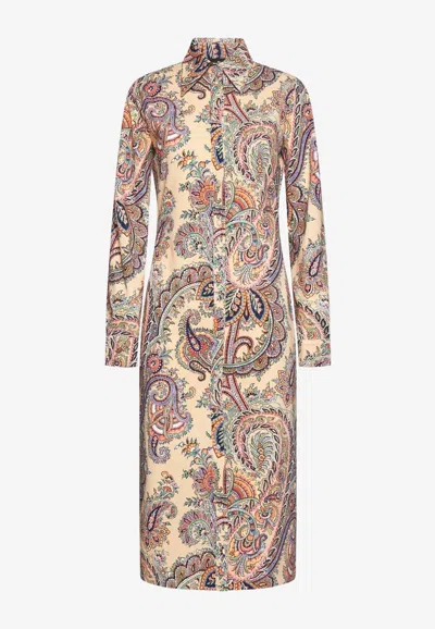Etro Woman Midi Dress Beige Size 10 Polyester In Multicolor