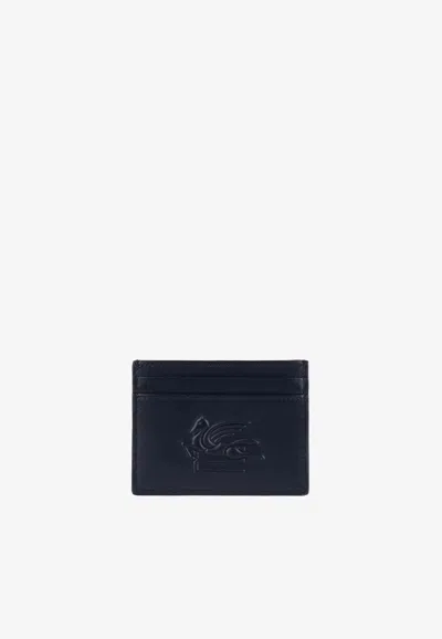 Etro Logo Embossed Leather Cardholder In Navy