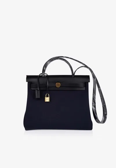 Pre-owned Hermes Herbag 31 In Blue Indigo Toile And Black Vache Hunter With Gold Hardware