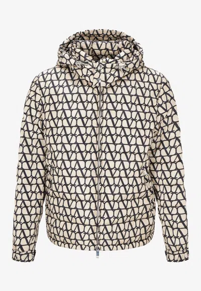 Valentino Down Jacket In Nylon With Toile Iconographe Print In Beige