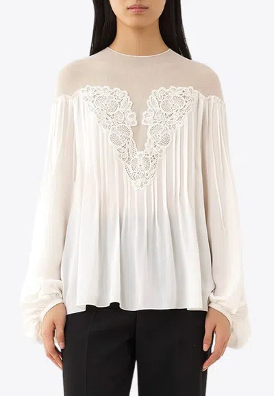 Chloé Lace-trimmed Ruffled Silk Blouse In White