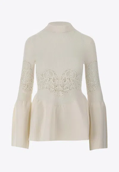 Chloé Lace Compact Wool Ribbed Peplum Top In White