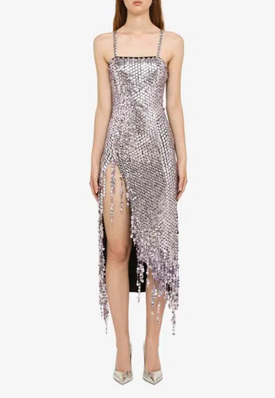 Attico Avery Embellished Square Neck Fringe Dress In Purple