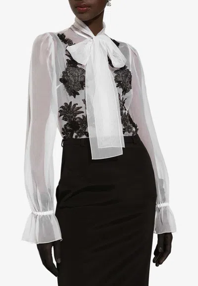 Dolce & Gabbana Lace-appliqué Silk-blend Shirt In White