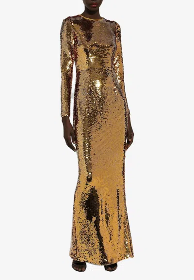 Dolce & Gabbana Long Sequined Tulle Stretch Dress In Gold