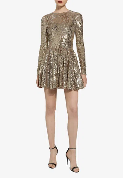 Dolce & Gabbana Sequin-embellished Pleated Minidress In Gold