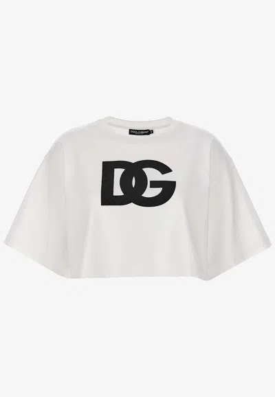 Dolce & Gabbana White Cotton Cropped T-shirt With Drop Shoulder And Logo Print For Women In White