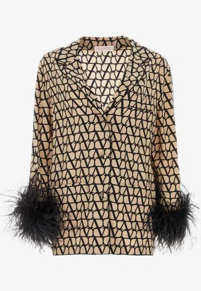 Valentino Feather-trim Logo Pyjama Shirt In Beige