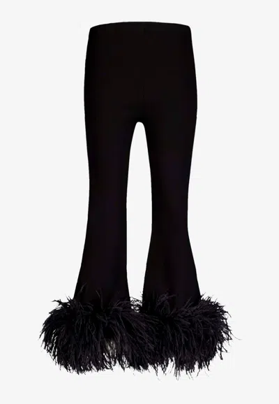 Valentino Cropped Feather-trimmed Knitted Flared Pants In Black