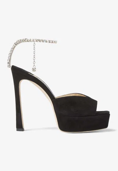 Jimmy Choo Saeda 125 Suede Leather Platform Sandals In Black