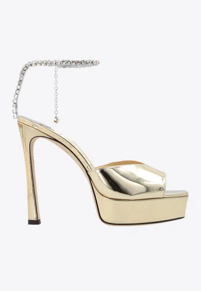 Jimmy Choo Saeda Crystal-chain Metallic Leather Platform Sandals In Gold