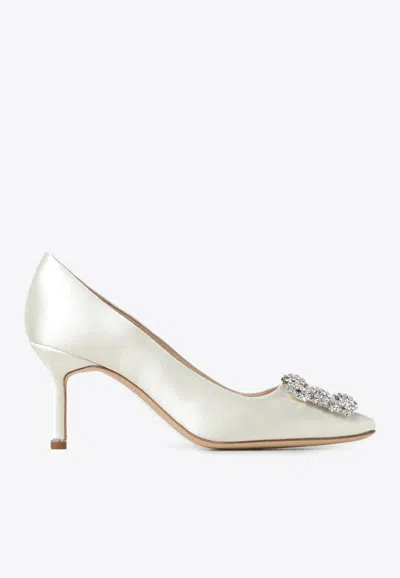 Manolo Blahnik Satin Pumps With Jewel Embellishment And Kitten Heel In White
