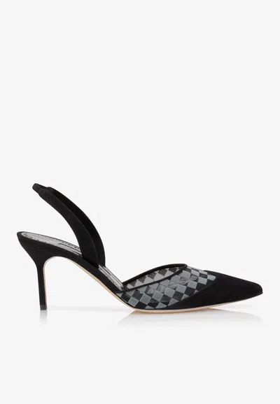 Manolo Blahnik Mingosli 70 Mesh Checkered Slingback Mules In Black