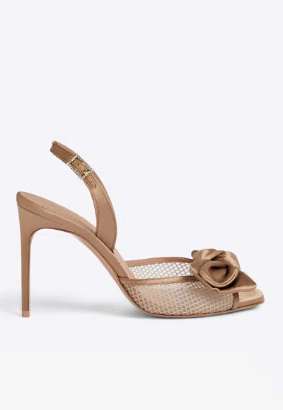 Malone Souliers Maera 90 Bow-detailed Satin And Mesh Slingback Sandals In Nude