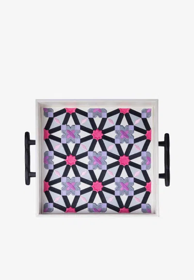 Stitch Oriental Leather Tray With Handles In Multicolor