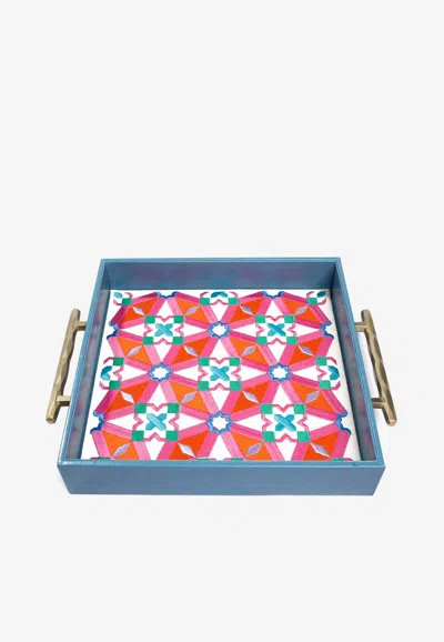 Stitch Oriental Leather Tray With Handles In Multicolor