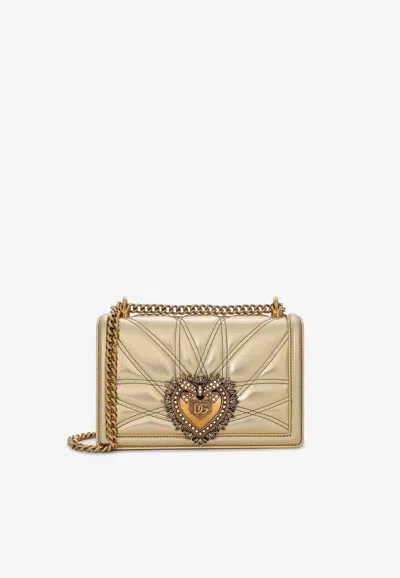 Dolce & Gabbana Leather Shoulder Bag With Frontal Jewel Detail In Gold