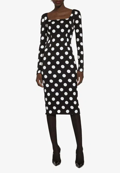 Dolce & Gabbana Polka Dot Print Silk Midi Dress In Monochrome