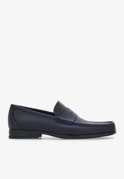 Ferragamo Black Loafer With Logo In Leather Man In Navy