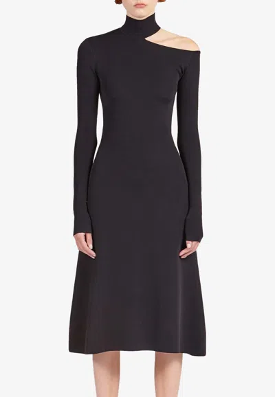 Ferragamo Turtleneck Cold-shoulder Long-sleeve Midi Sweater Dress In Black