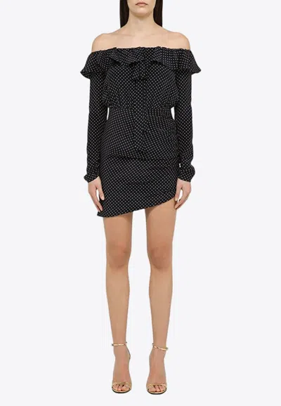 Alessandra Rich Off-shoulder Polka Dots Silk Mini Dress In Navy
