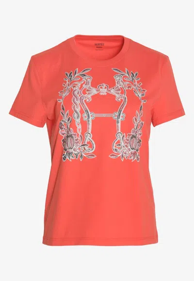 Pre-owned Hermes Della Cavalleria Print T-shirt In Rouge Ecarlate