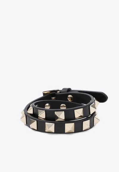 Shop Valentino Rockstud Leather Bracelet In Black