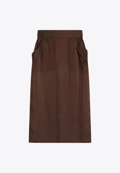 Saint Laurent Sheer Silk Midi Skirt With Elastic Waistband In Marron