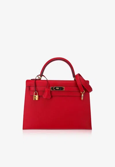Pre-owned Hermes Kelly 32 Sellier In Rouge Casaque Epsom Leather With Gold Hardware