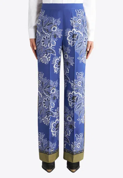 Etro High-rise Bandana Border-print Wide-leg Silk Pull-on Pants In Light Blue